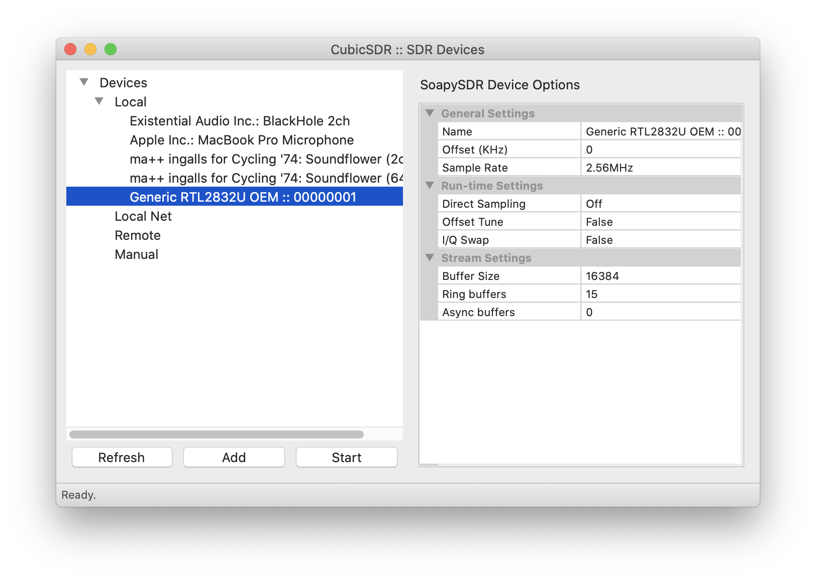 Screenshot of CubicSDR Devices 