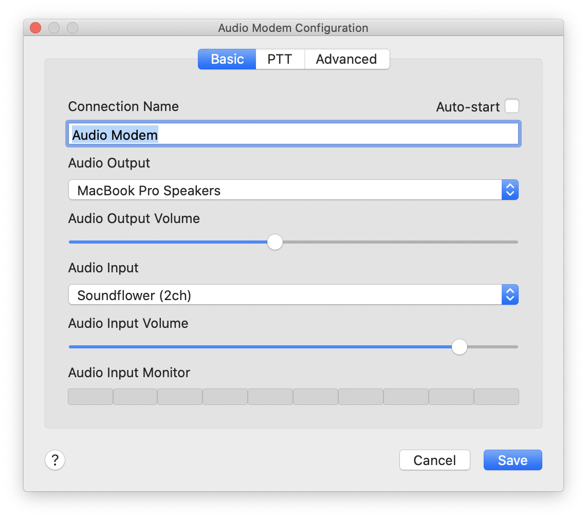 Screenshot of QTH.app Audio Modem Configuration